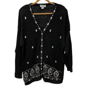 Vintage Extra Point Cardigan Sweater Size 3X Black Bling Rhinestones Snap Front